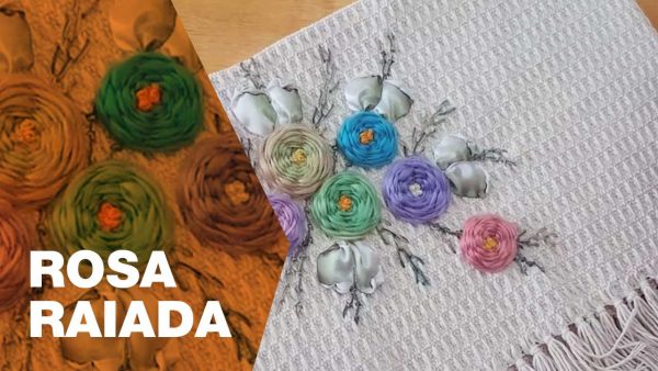 Bordado, artesanato, rosa raiada, jogo americano
